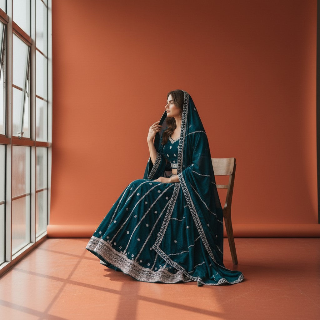 Elegant Teal Velvet Lehenga Set with Silver Embroidery