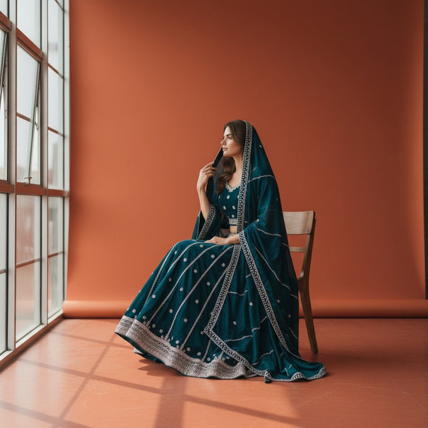 Elegant Teal Velvet Lehenga Set with Silver Embroidery