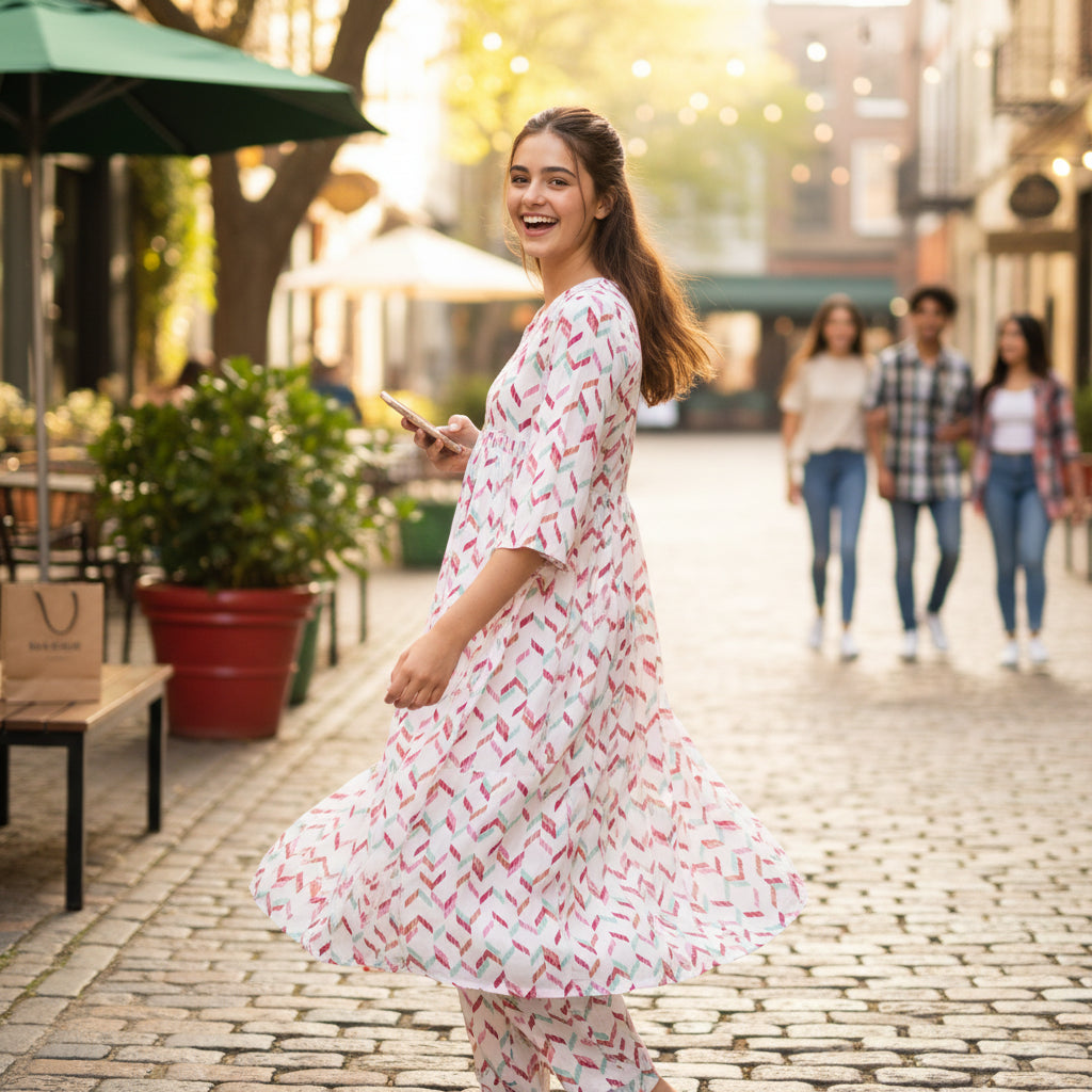 Cotton Gathered Tunic with Multi-Colored Chevron Pattern