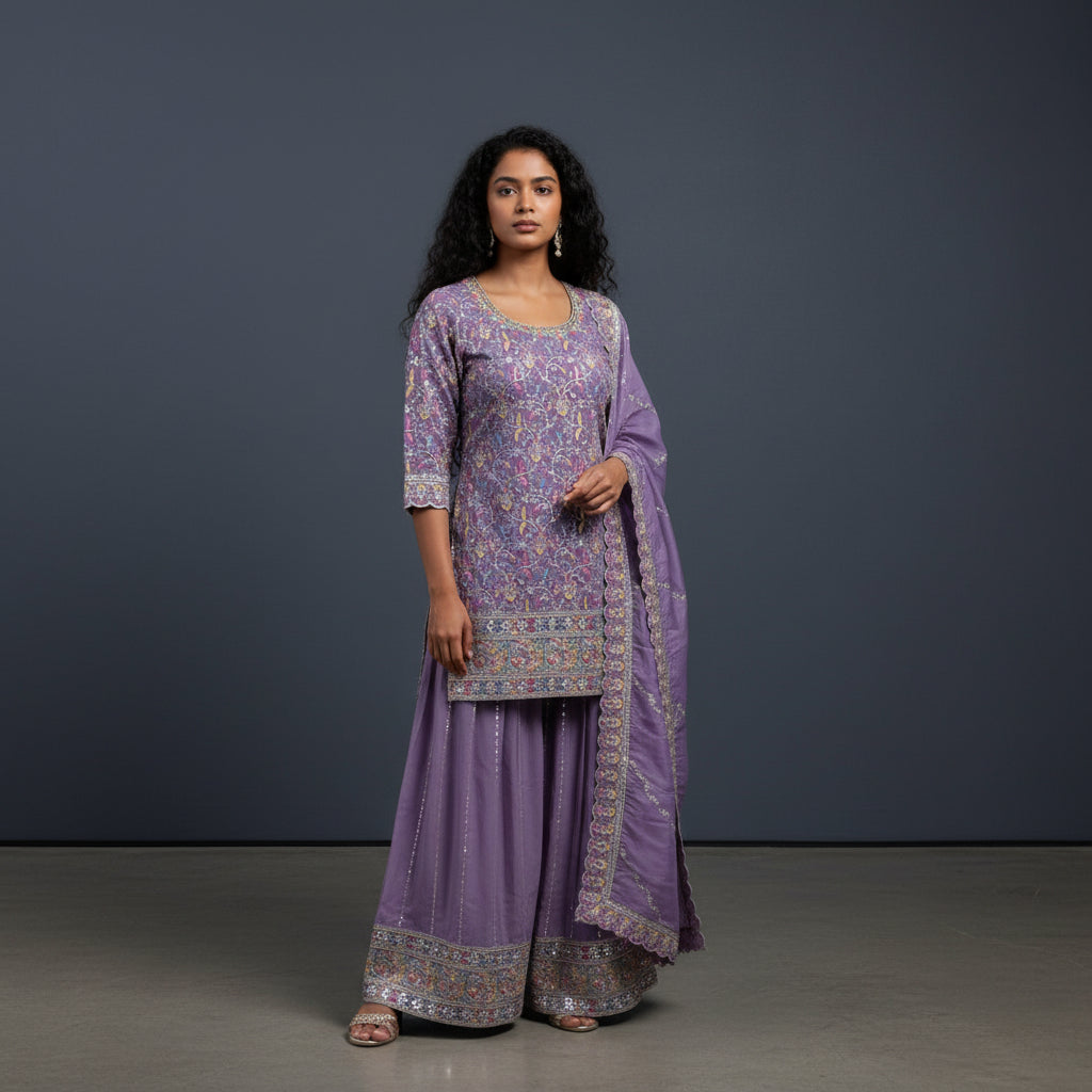 Tissue Georgette Floral Embroidery Sharara Set