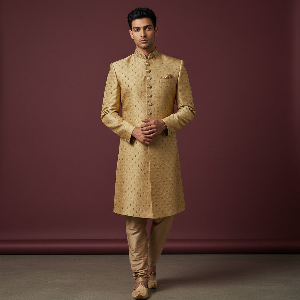 A Yellow Colored Self Design Sherwani