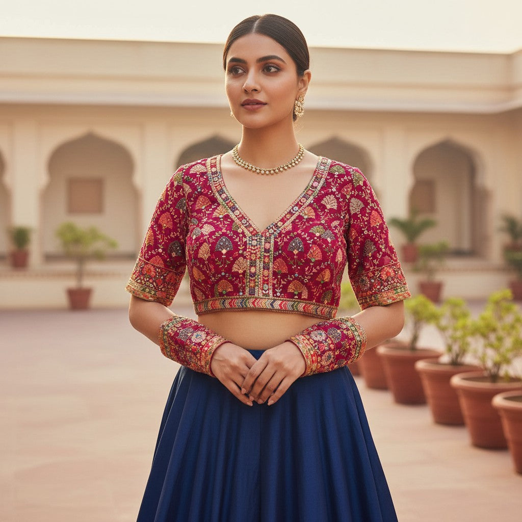 Rich Magenta Blouse with Golden and Colorful Floral Motifs, Keyhole Back Design