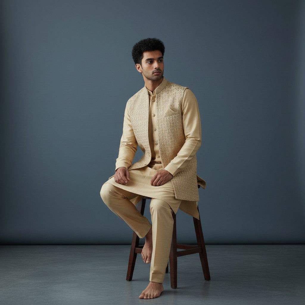 A golden Self Design Men's Sherwani