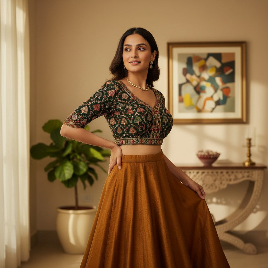 Dark Green Designer Blouse with Embroidery and Mirror Accents