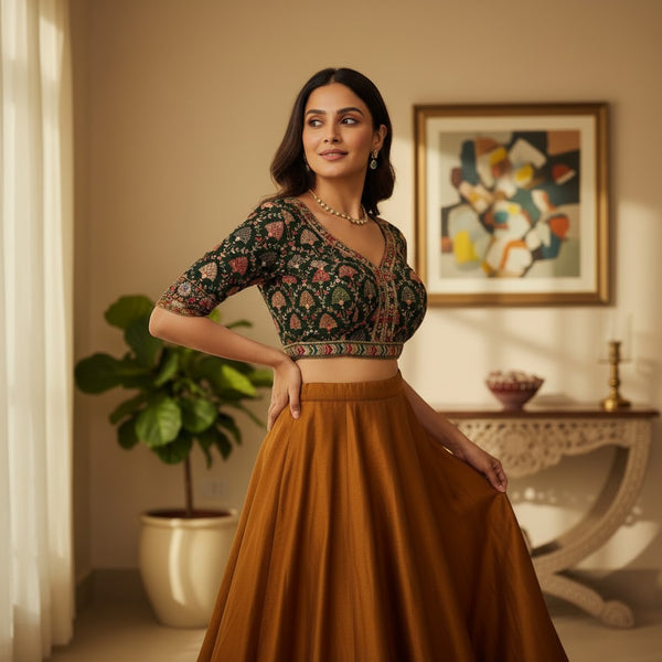 Dark Green Designer Blouse with Embroidery and Mirror Accents