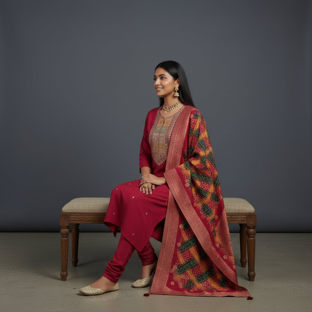 Silk Blend Kurta Set with Bandhani Dupatta