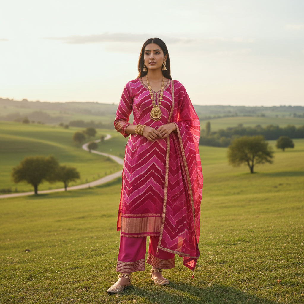Silk Blend Leheriya Kurta Set