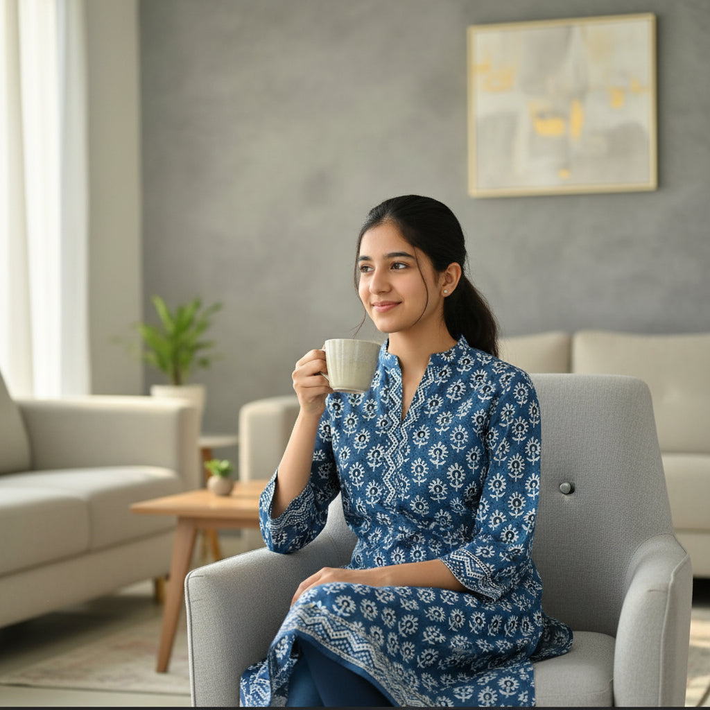 Jaipuri Blue Floral Block Print V-Neck Short Kurti