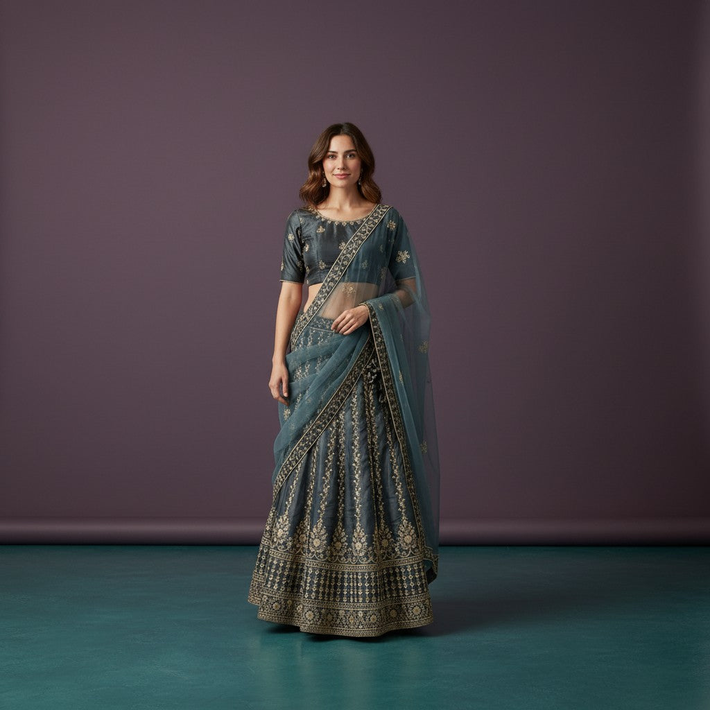 Sophisticated Teal-Toned Lehenga with Vine Embroidery and Floral Border