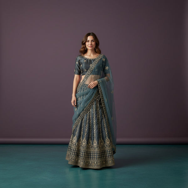 Sophisticated Teal-Toned Lehenga with Vine Embroidery and Floral Border