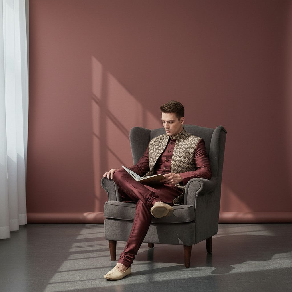 Burgundy Embroidered Silk Kurta Set with Waistcoat