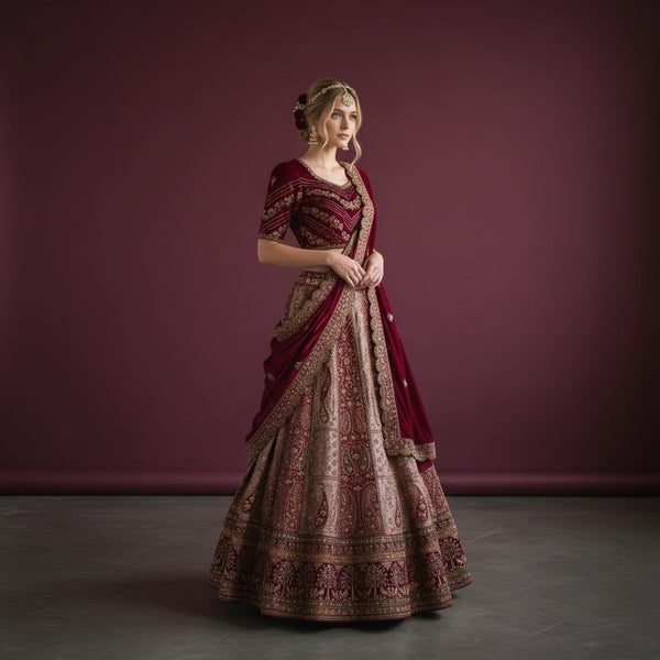 Heavy Bridal Lehenga in Rich Maroon with Paisley Embroidery