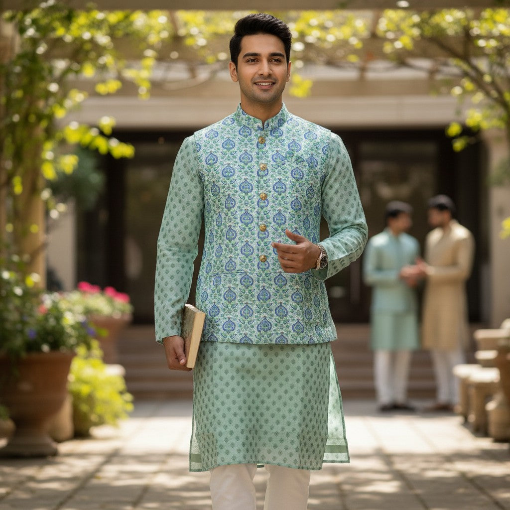 Men Green Floral Pattern 3 Piece Kurta Set