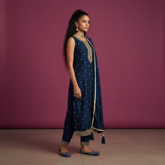 Silk Style Kurta Set with Gold Embroidery