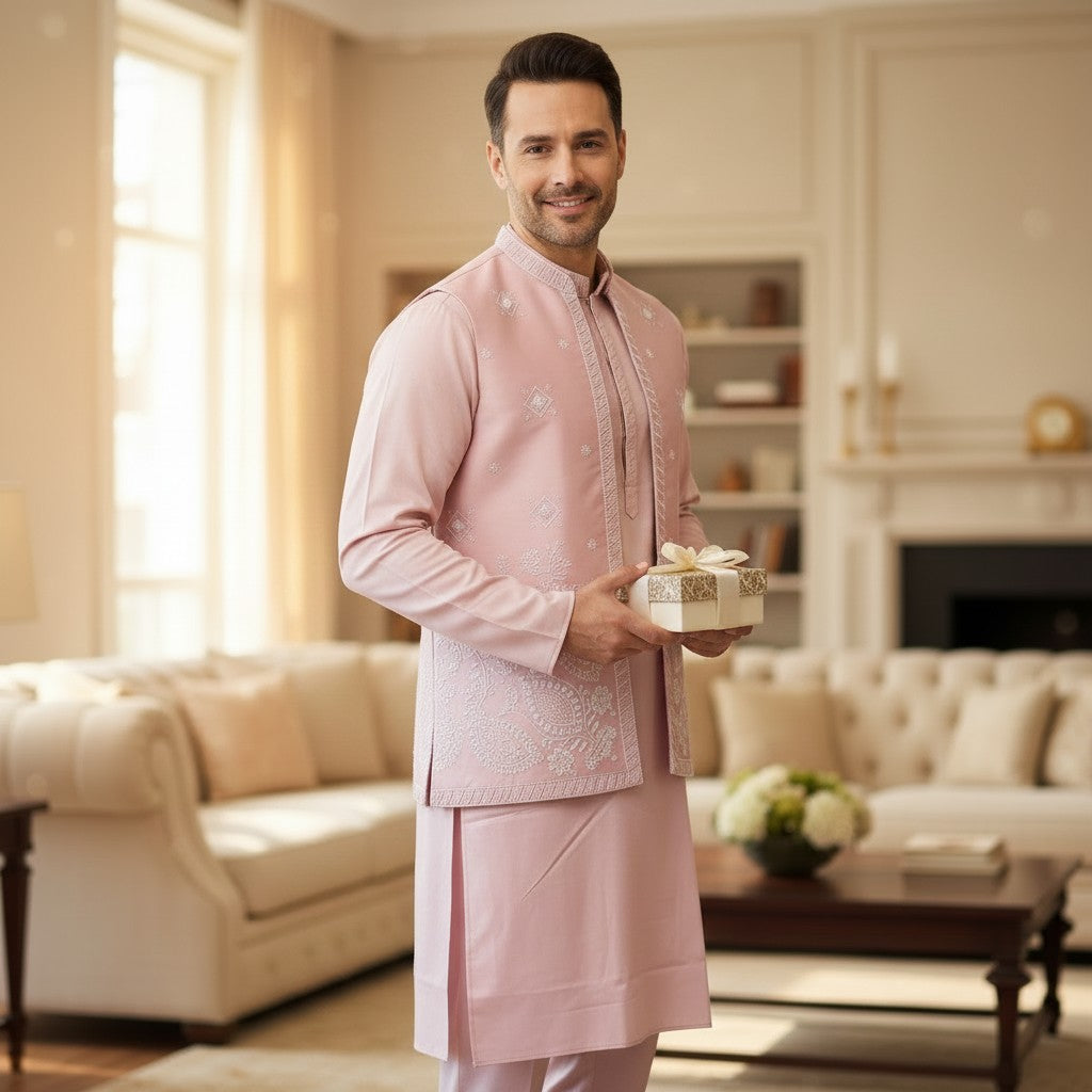 Men 3 Piece Kurta Set - Dusty Rose