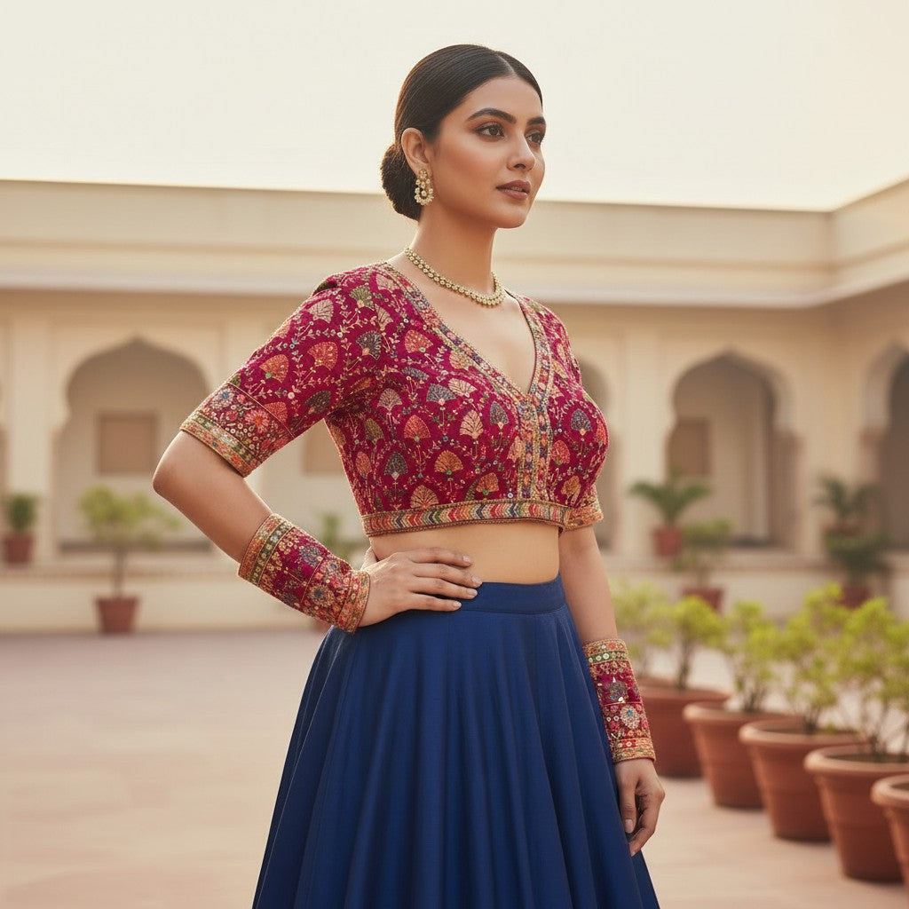 Rich Magenta Blouse with Golden and Colorful Floral Motifs, Keyhole Back Design