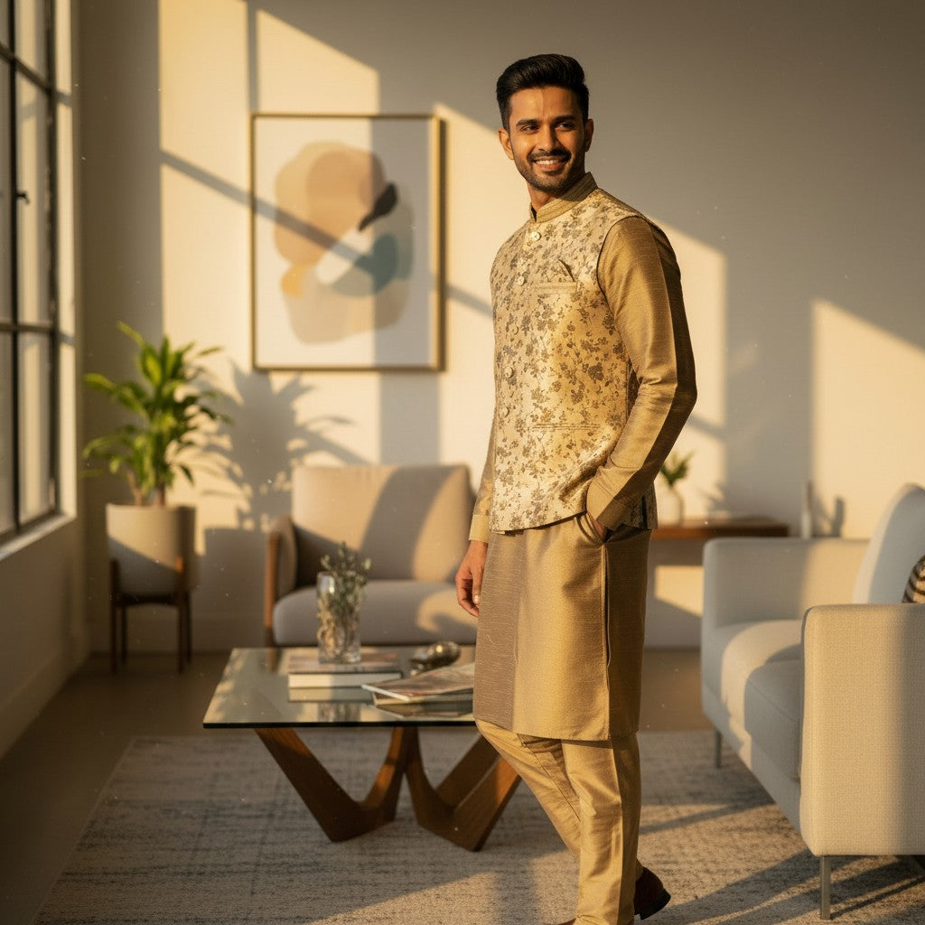 Men 3 Piece Kurta Set - Beige & Gold Floral Embroidered