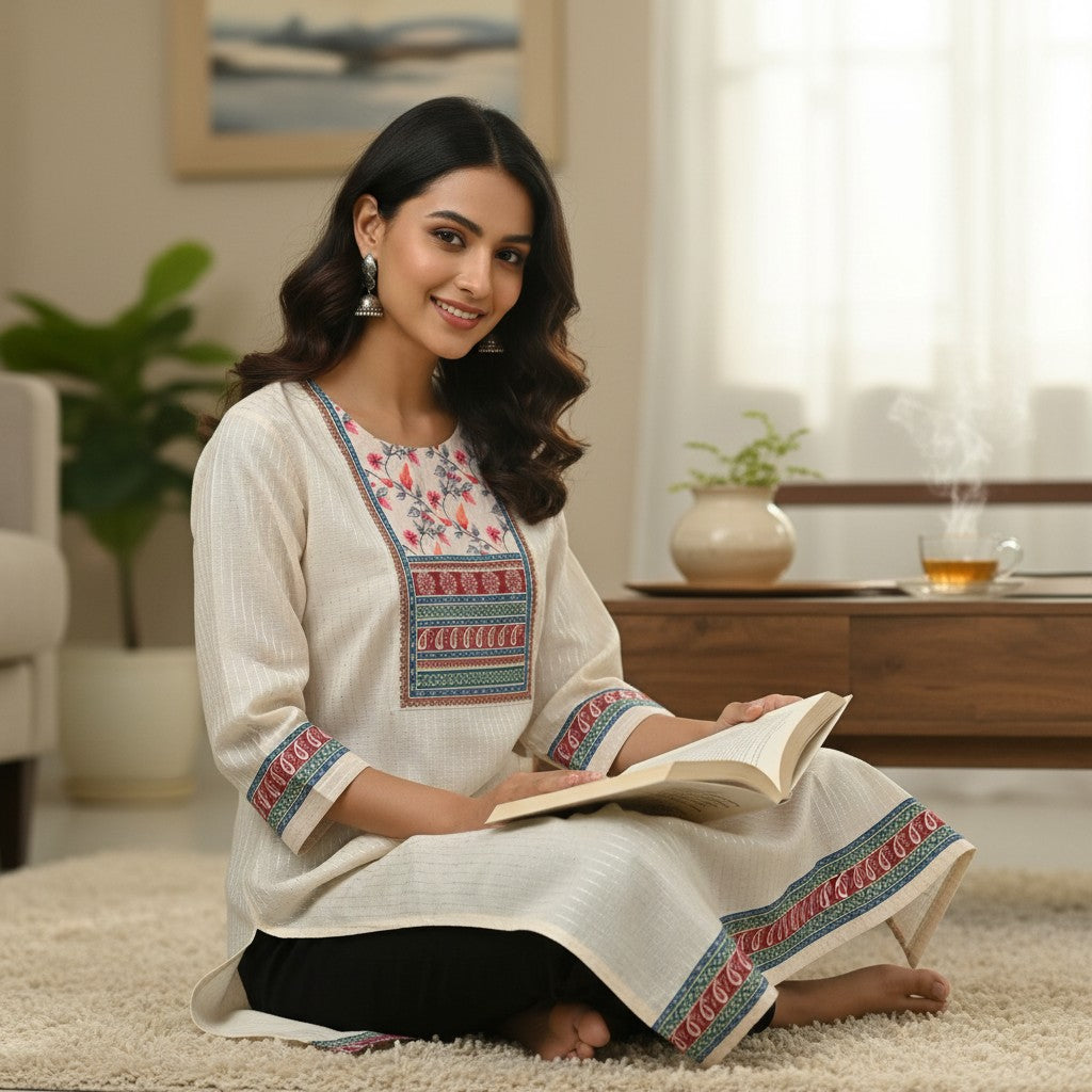 Ladies Kurti - Cream with Textured Stripes and Decorative Border