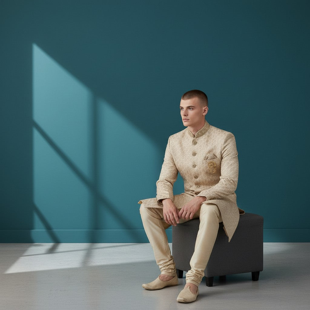 A Cream Colored Self Design Sherwani