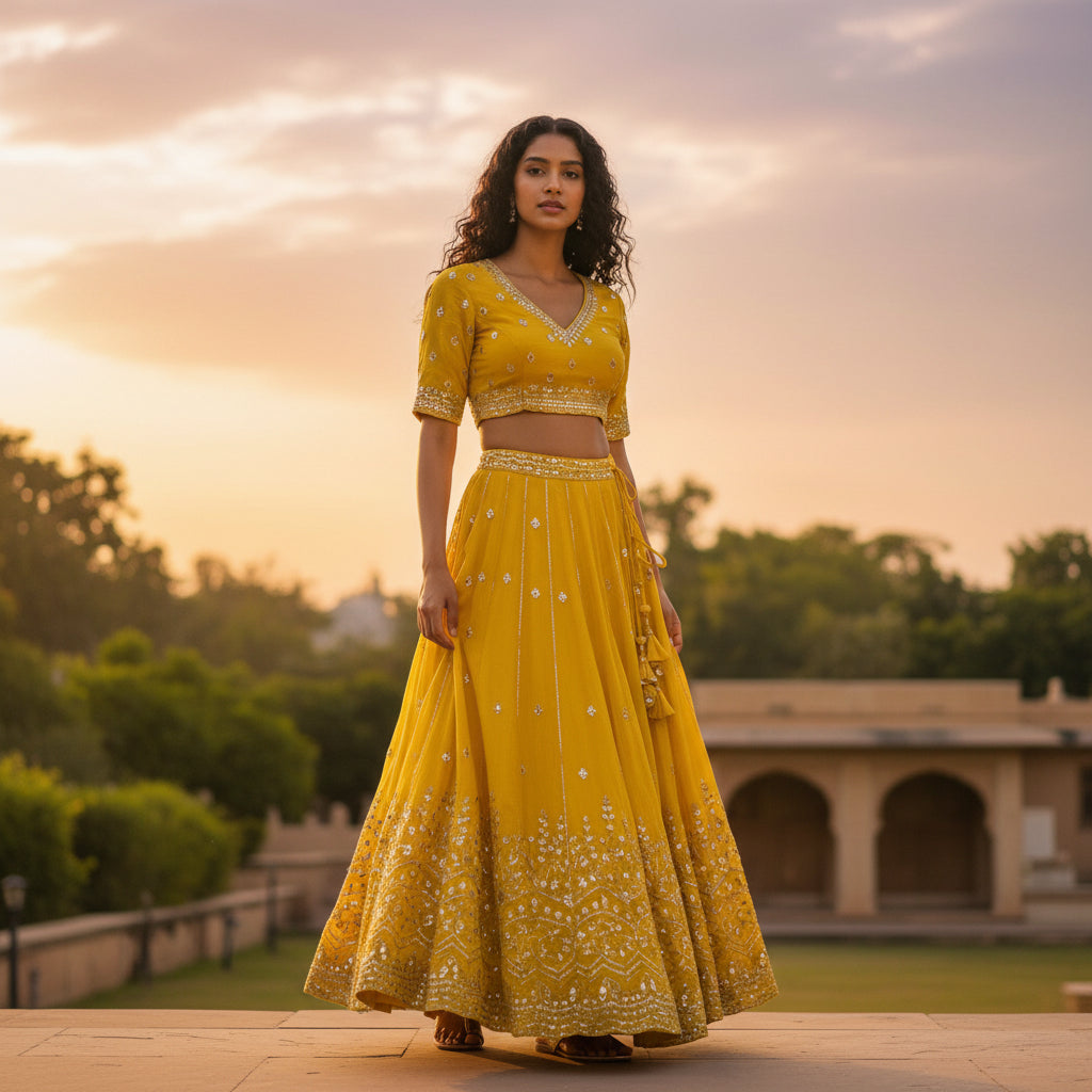 Yellow Bandhani Leheriya Set (Lehenga with Green Dupatta)