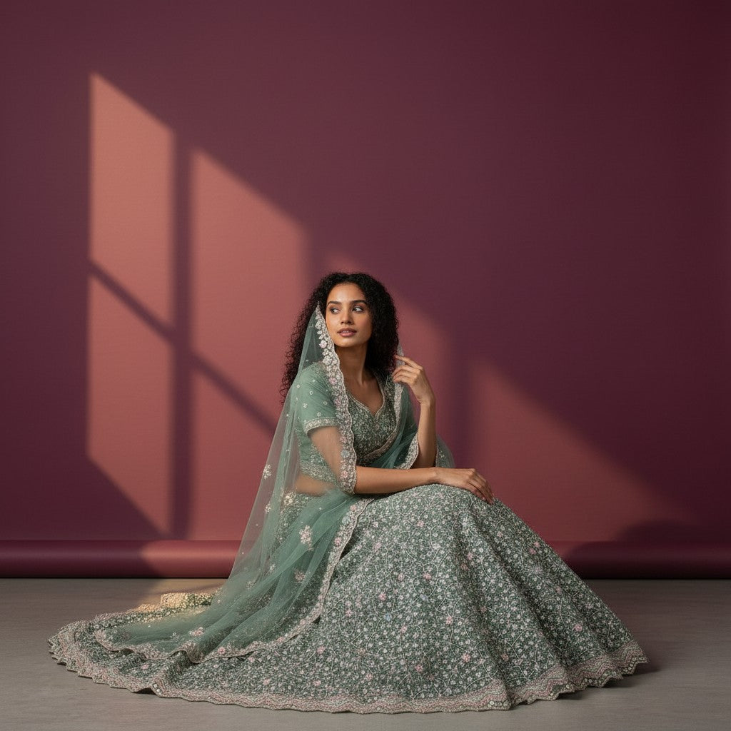 Seafoam Green Floral Sequin Embroidered Lehenga Choli Set with Net Dupatta