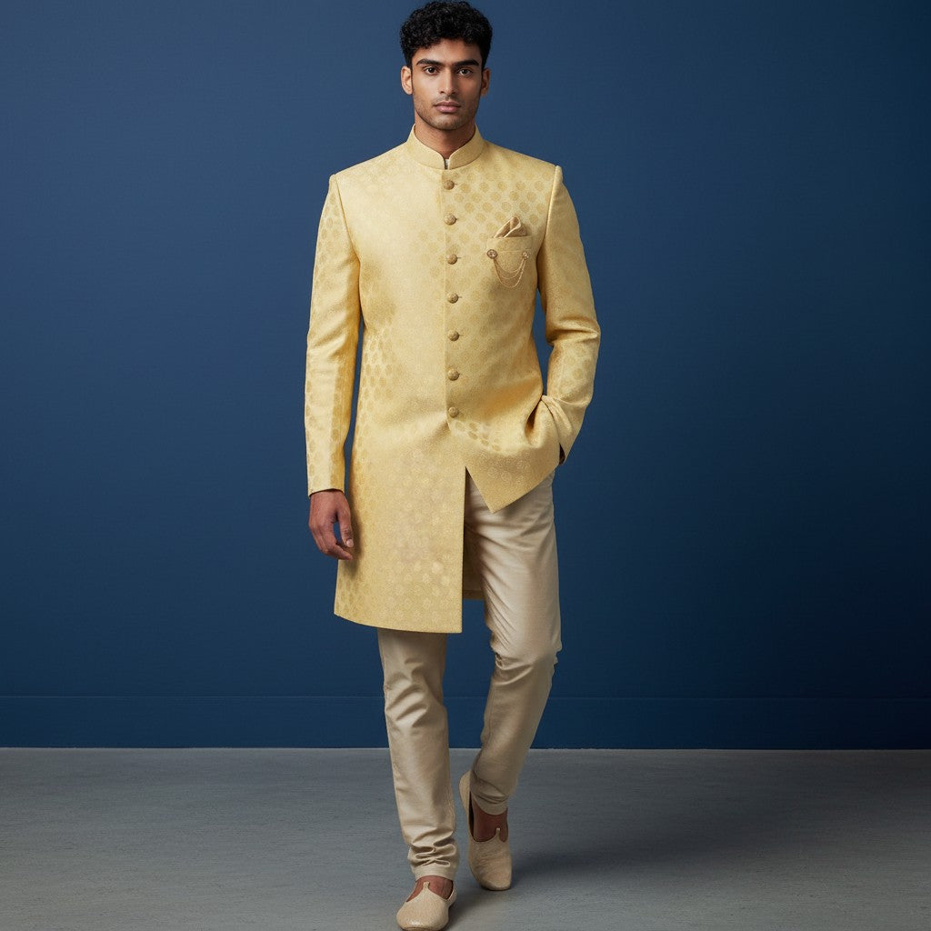 A Yellow Self Design Sherwani