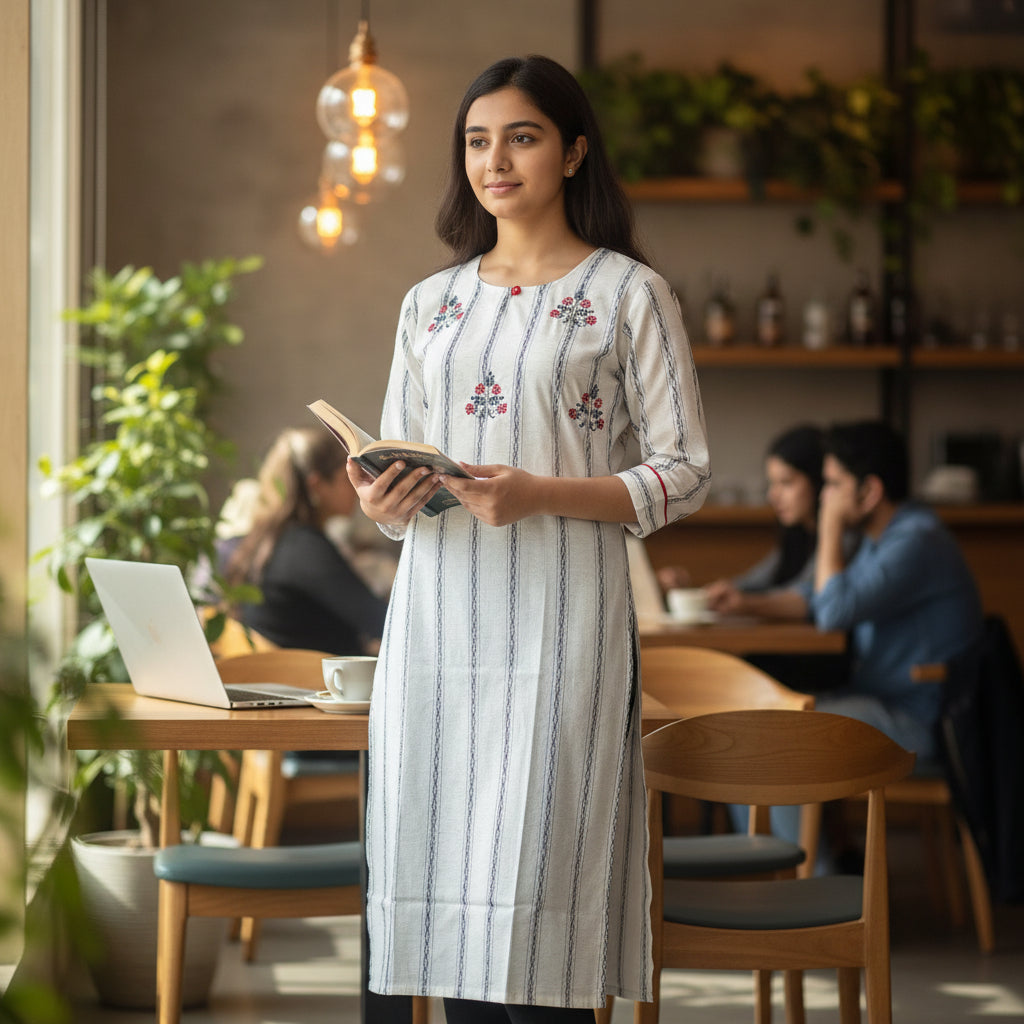 Off-White & Red Striped Straight Kurta with Floral Embroidery