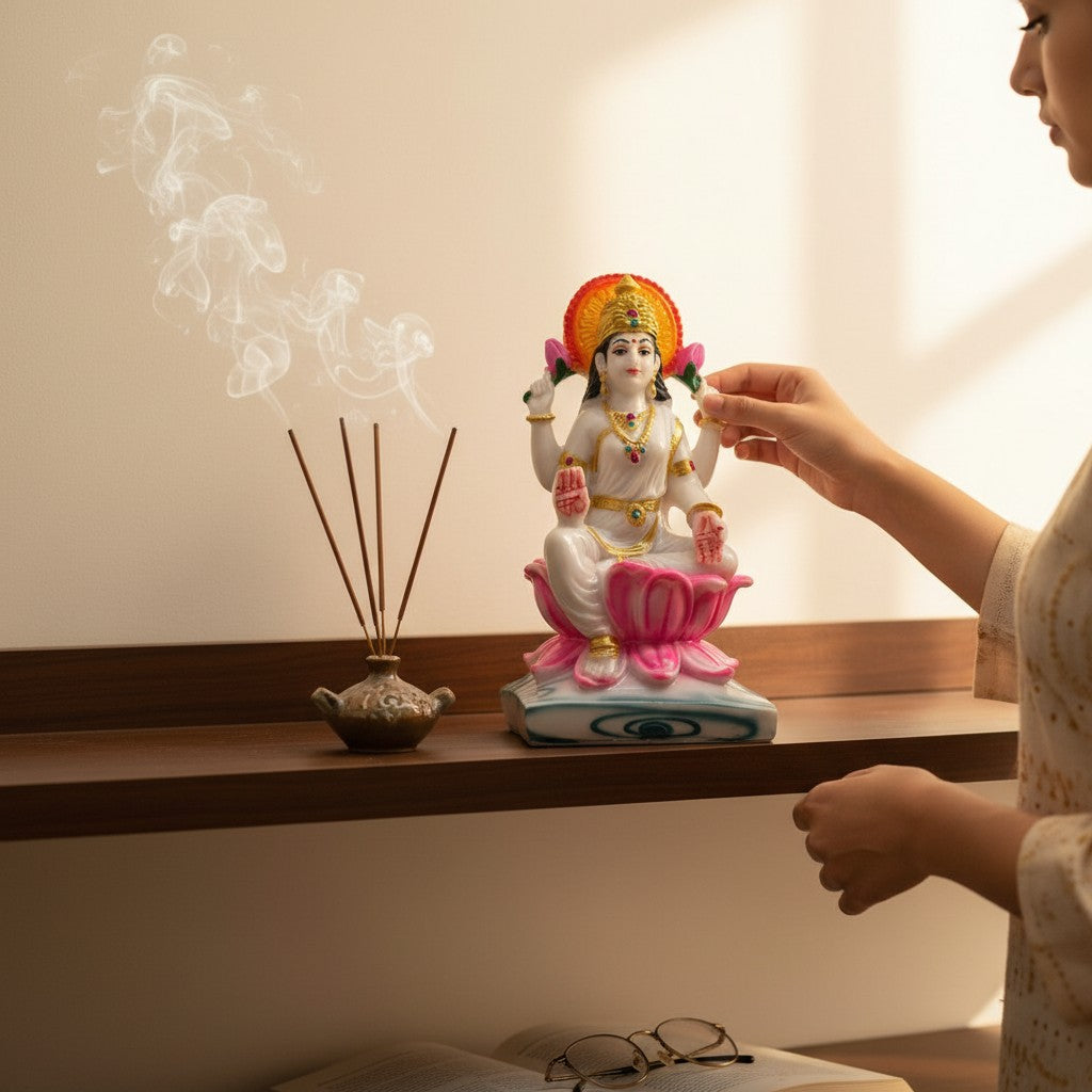 Laxmi Mata Idol on Wooden Shelf