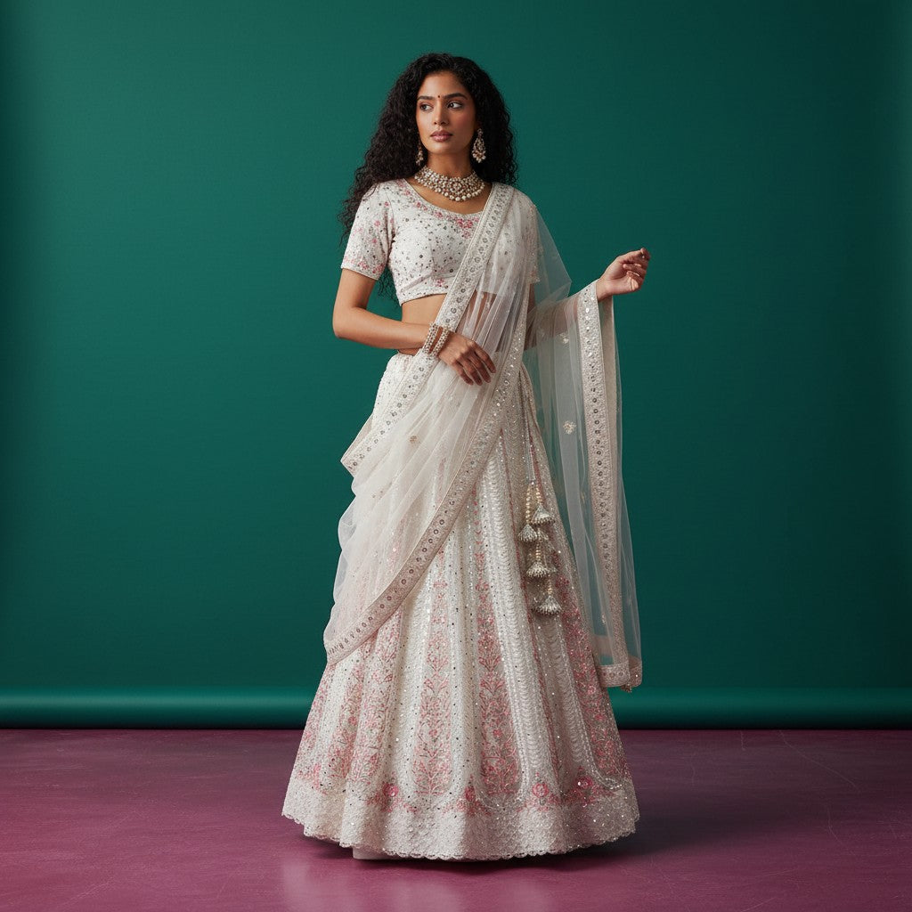 An elegant ivory 3-piece Ghagra Choli set with traditional Chikankari-style thread work, floral accents in peach, and heavy decorative latkan tassels.