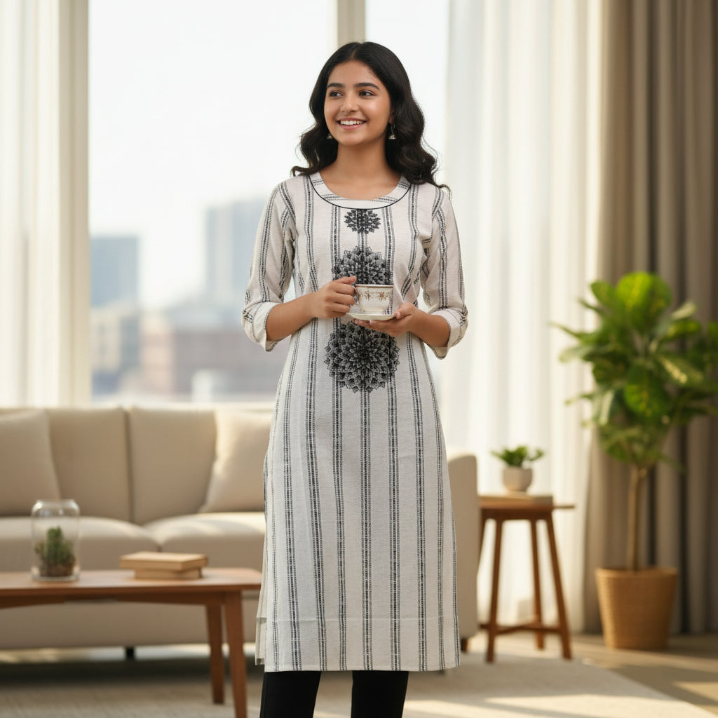 Striped Straight Kurta with Black Mandala Motifs