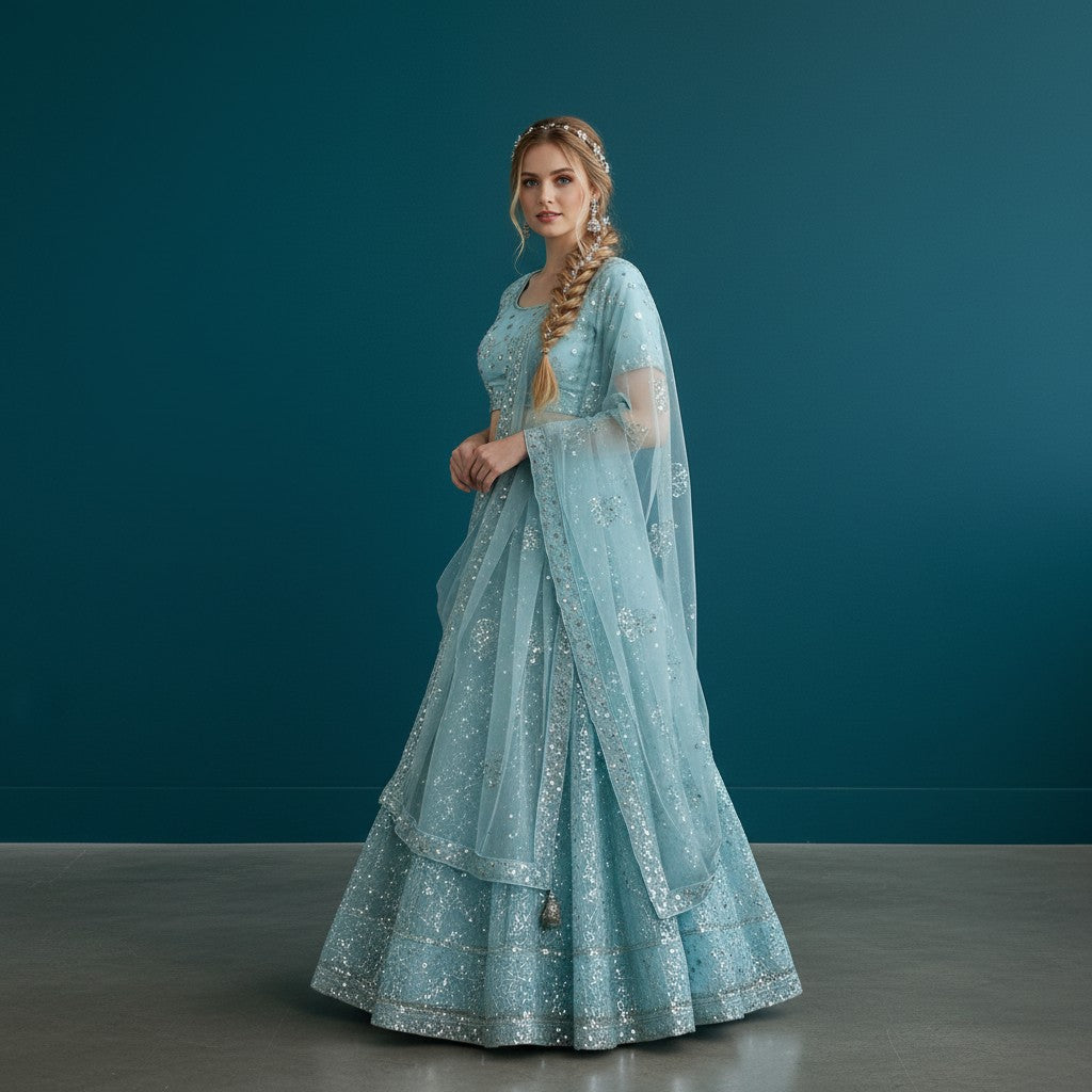 Elegant Icy Blue Sequin Embroidered Lehenga Choli