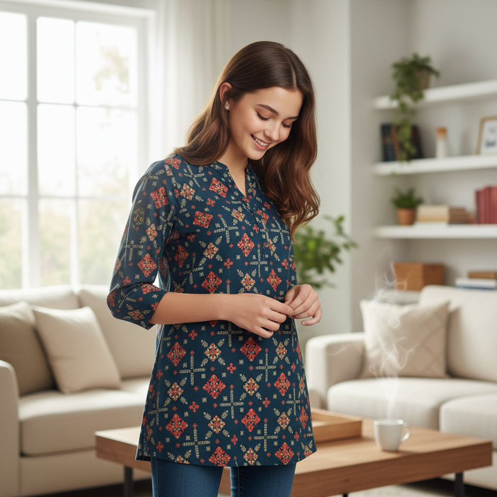 Cotton Tunic V-neck Button Placket