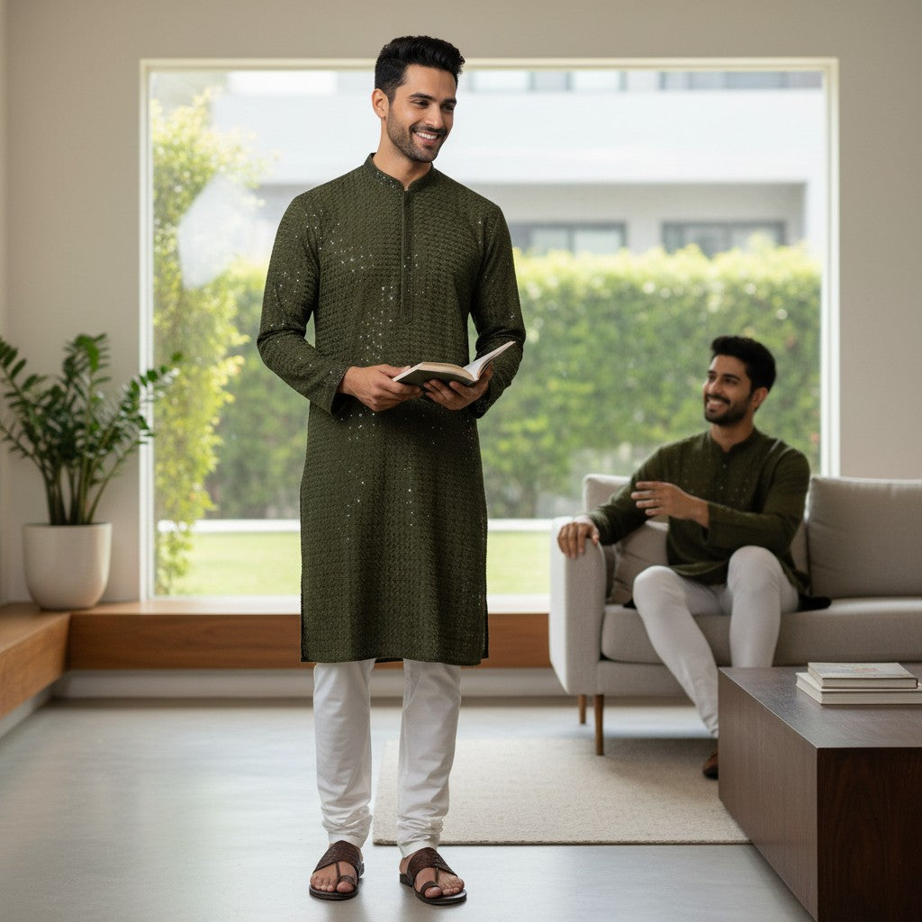 Chikankari Embroidered Sequinned Kurta Set (2 Pc) - Deep Green