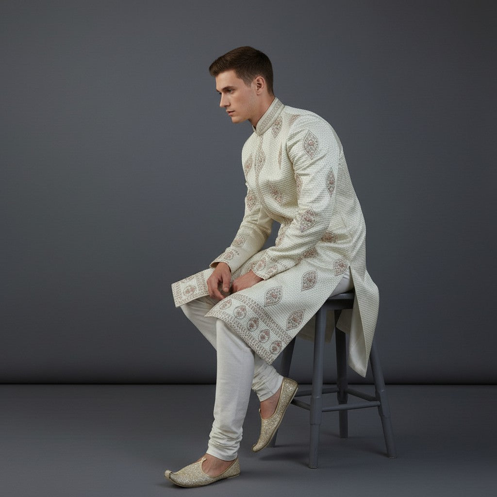 Cream Colored Self Design Men Sherwani