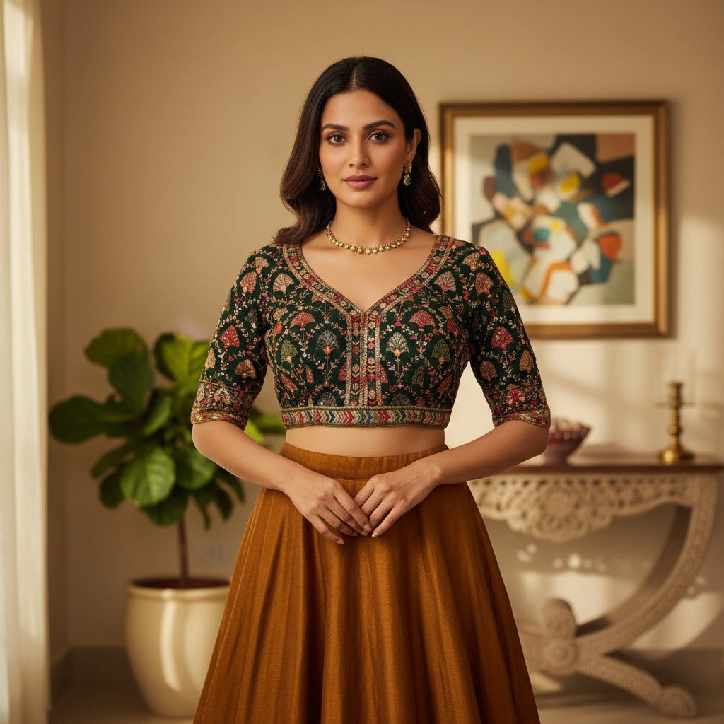 Dark Green Designer Blouse with Embroidery and Mirror Accents