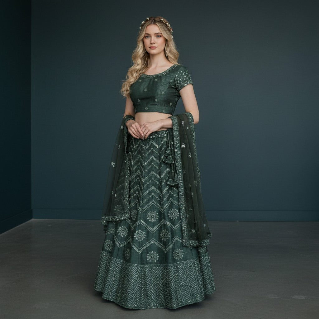 Olive Green Crushed Silk Blend Lehenga Set with Silver Sequin Floral Motifs