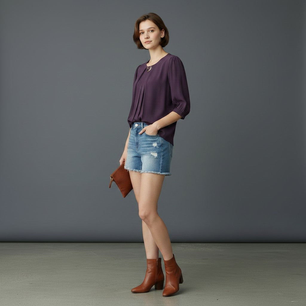 Deep Purple Tunic with Puffed Sleeves