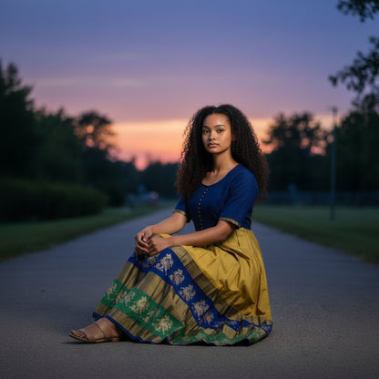 Silk Blend Long Dress with Peacock Border