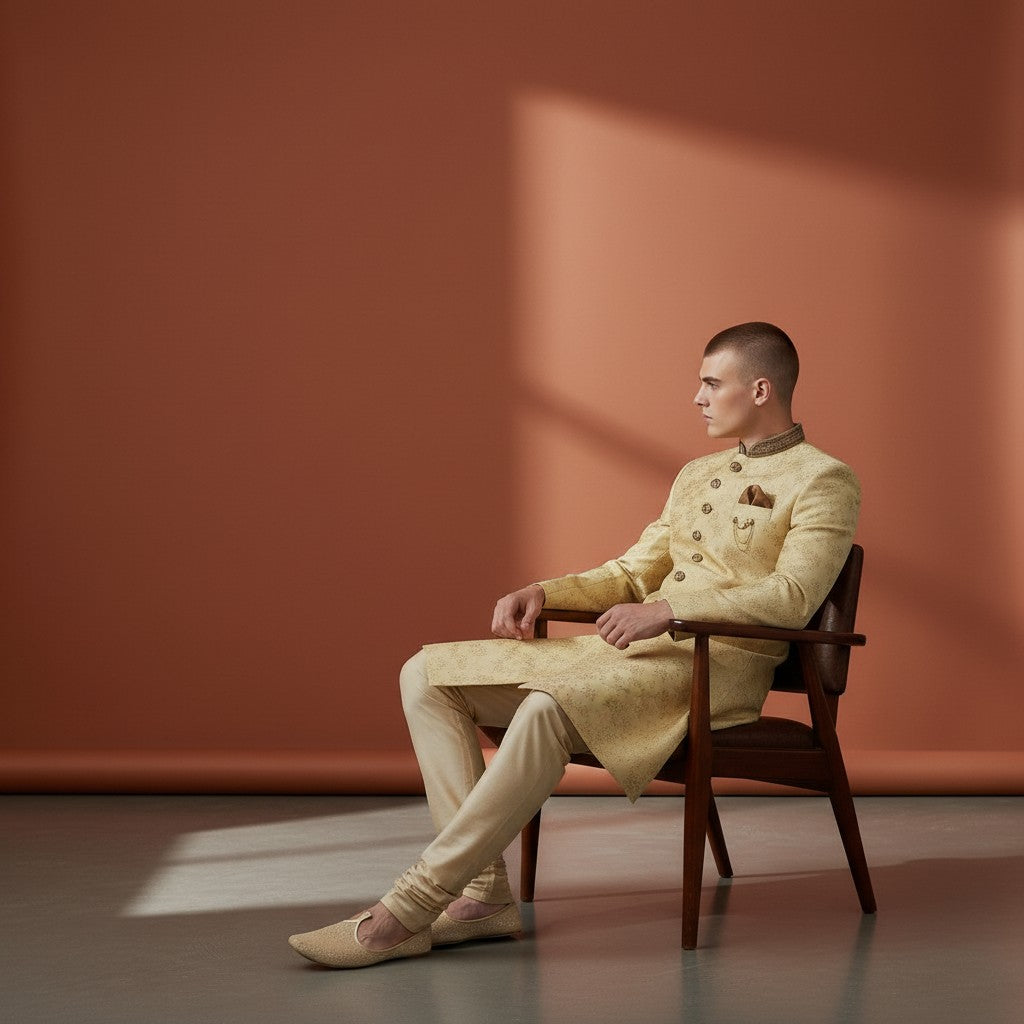A Yellow Self Design Sherwani