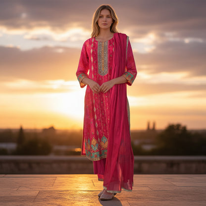 Printed Silk Kurta Set with Embroidered Yoke