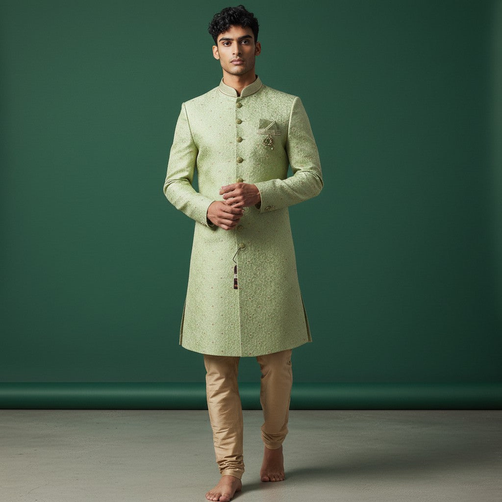 A Light Green Embroidered Men's Sherwani