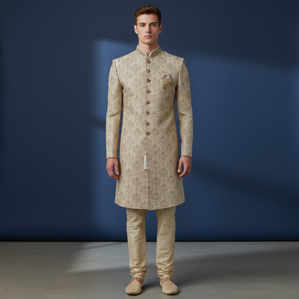 A Cream Colored Self Design Sherwani