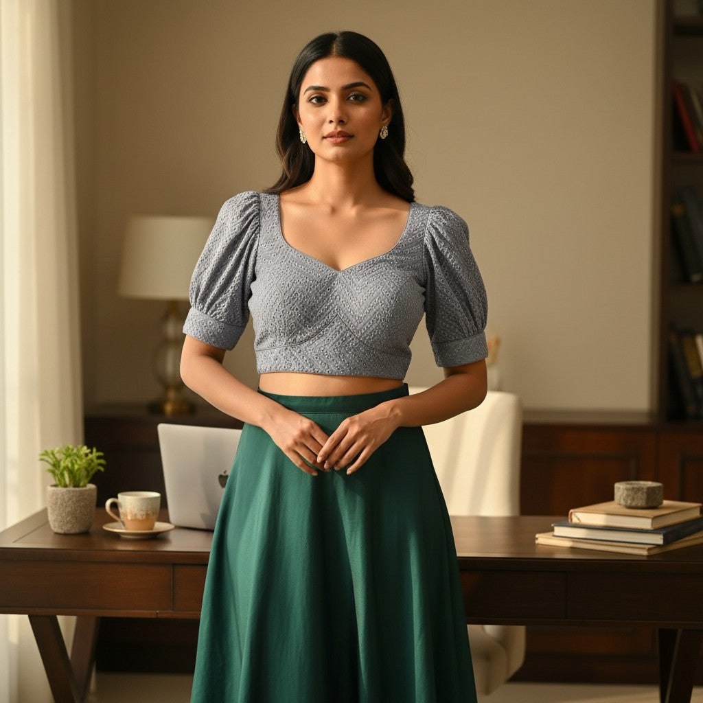 Lavender-Grey Chikankari Blouse with Puff Sleeves and Square Neckline