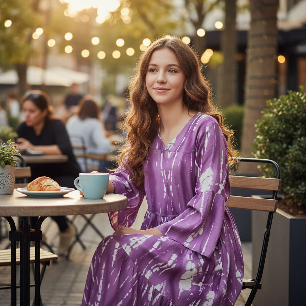 Plum Shibori Tie-Dye Tiered Maxi Dress with Bell Sleeves
