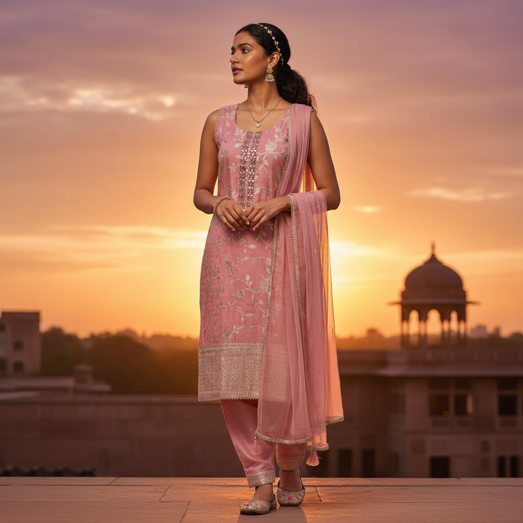 Silk Blend Floral Print Kurta Set for Celebrations