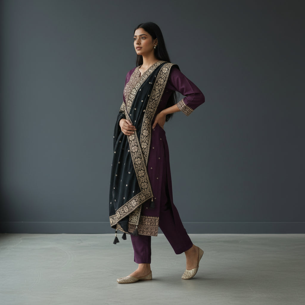 Silk Blend Kurta Set with Green embroidered Dupatta
