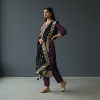 Silk Blend Kurta Set with Embroidery