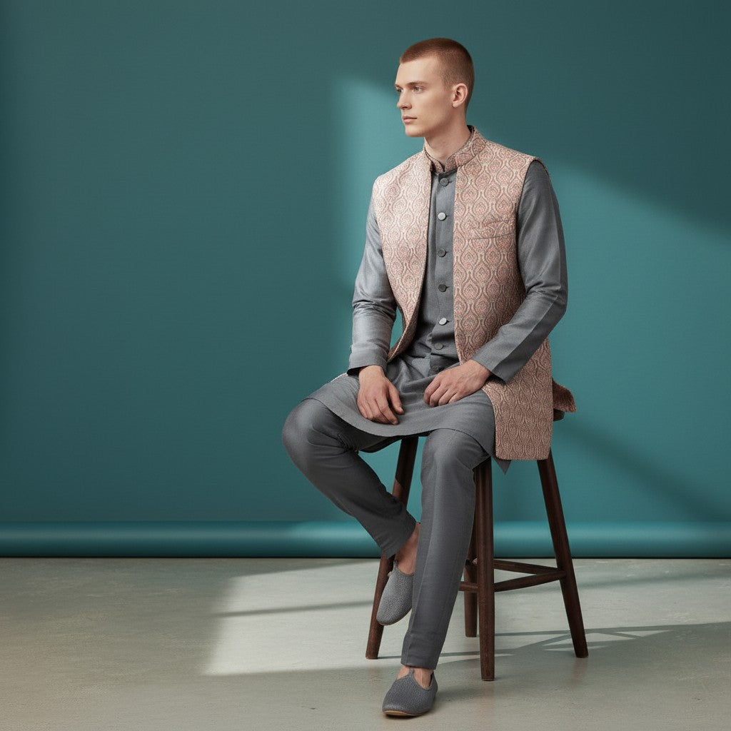 Gray Kurta Pant Set with Pink Vest for Men