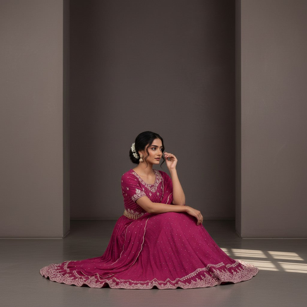 Magenta Silver Beaded Lehenga Set