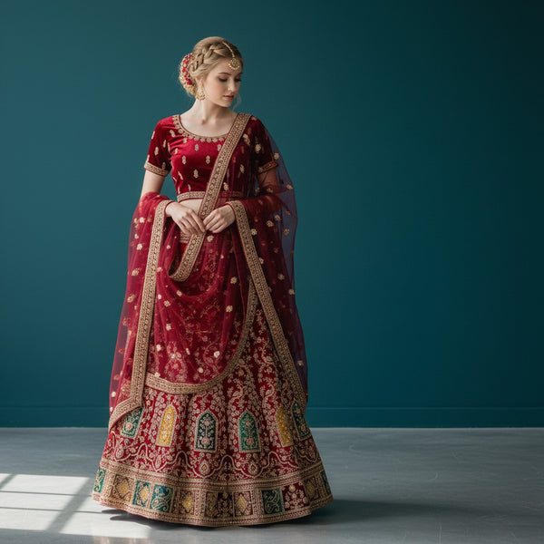 Elegant Burgundy Velvet Lehenga with Jharokha & Peacock Embroidery